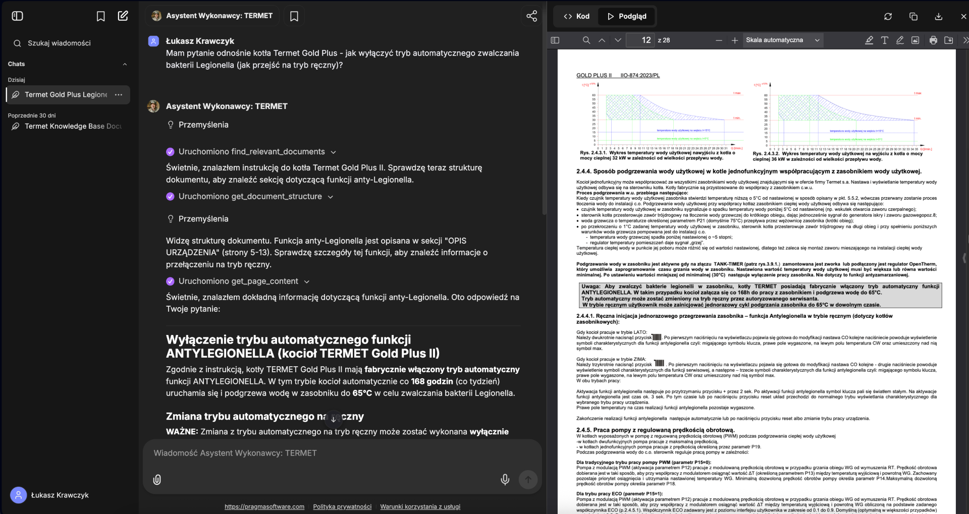 AI Assistant chat conversation interface with live PDF source preview and citation